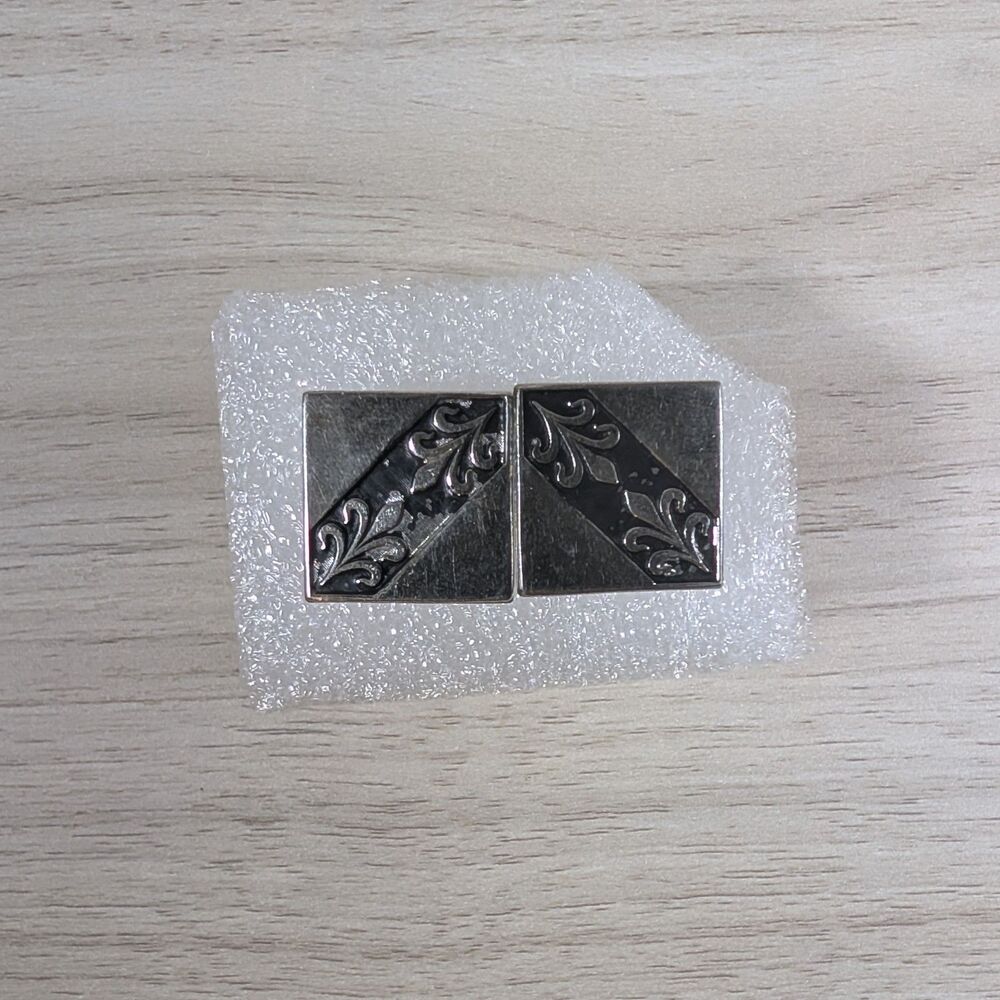 Vintage Silver Tone Black Enamel Engraved Square Cufflinks Bullet Back